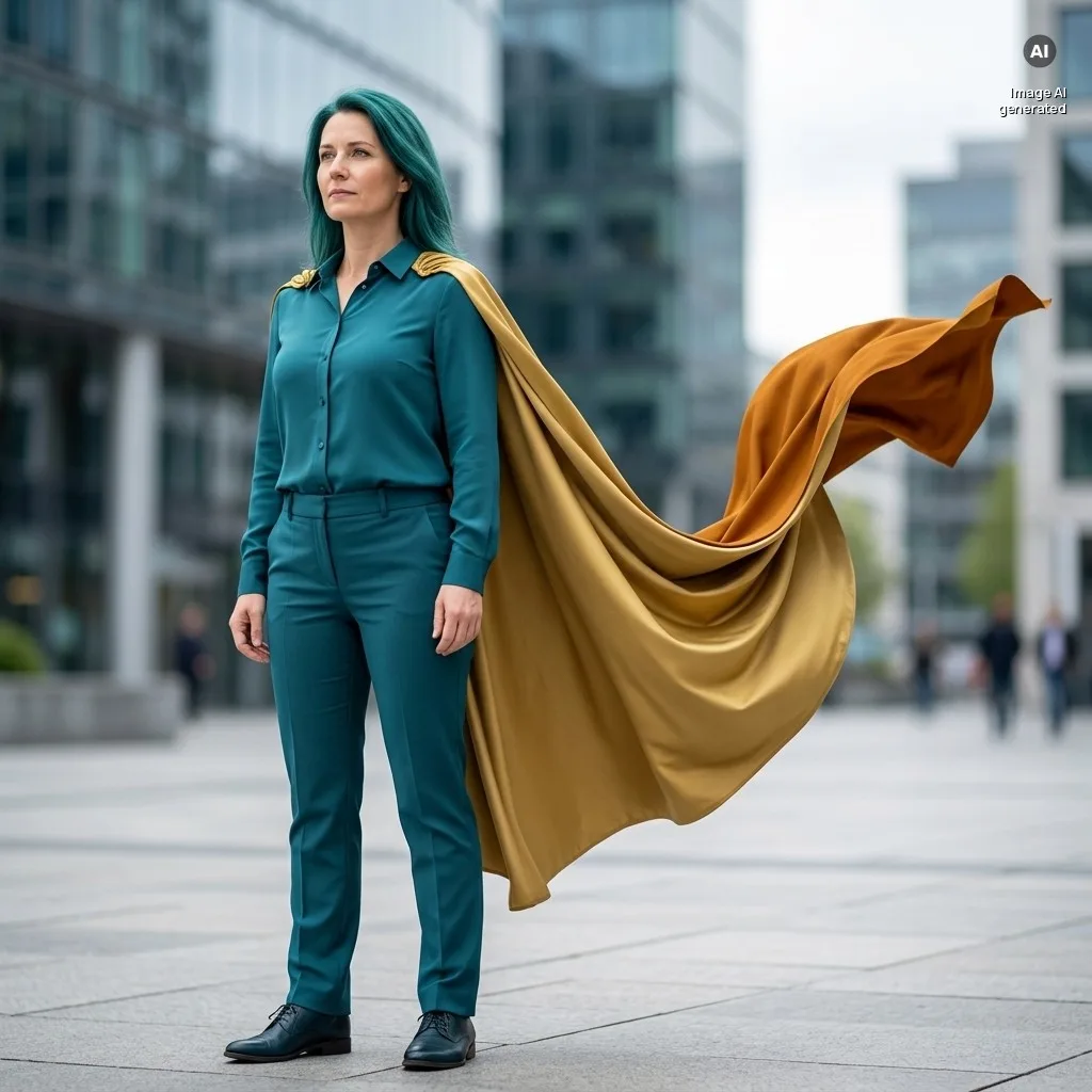 Frau im Business-Anzug mit wehendem Umhang vor Bürogebäuden, als Sinnbild für ungenutztes Potenzial in Organisationen (KI-generiertes Bild)