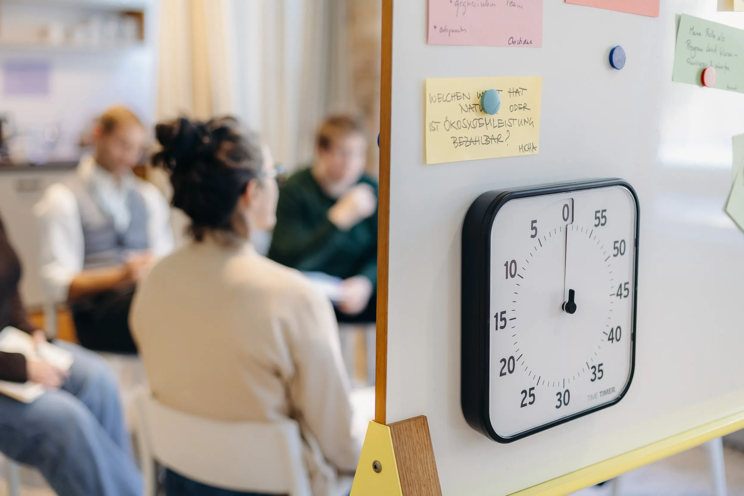 Workshopsituation: Time Timer und Moderationskarten an einer Stellwand, dahinter Teilnehmende im Gespräch