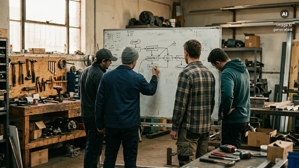 Werkstatt-Team bespricht gemeinsam einen Arbeitsablauf an einer Tafel