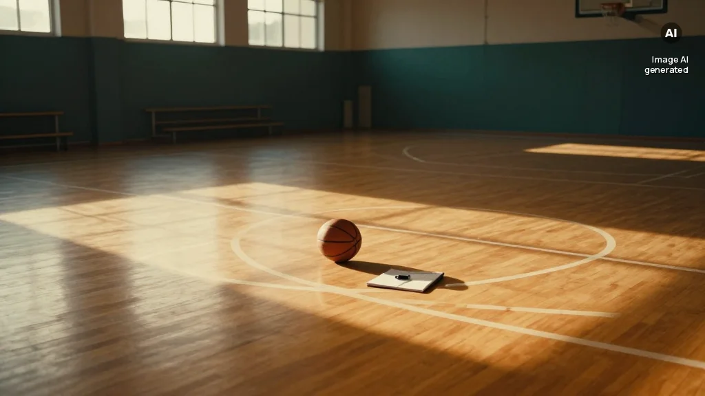 Leeres Basketballfeld mit Dreierlinie, Ball und aufgeschlagenem Regelbuch an der Seitenlinie