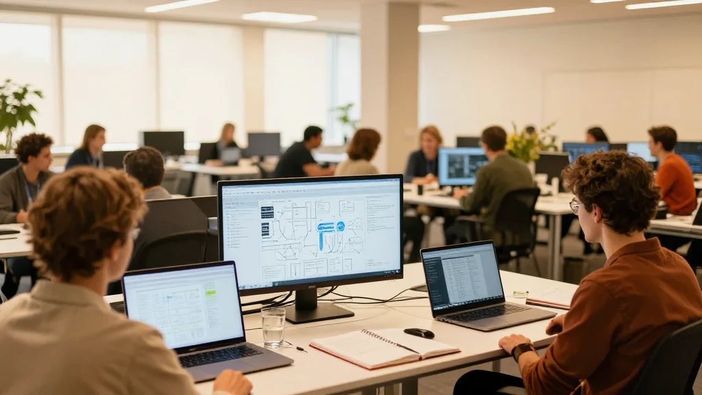 Unternehmensberater arbeiten mit KI-Workflow-Visualisierung